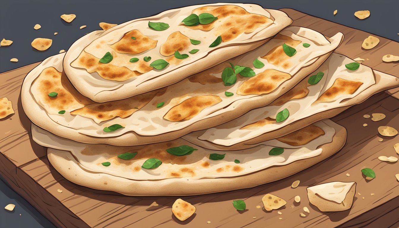 A stack of naan bread on a wooden cutting board, with a few pieces torn off, surrounded by a scattering of crumbs