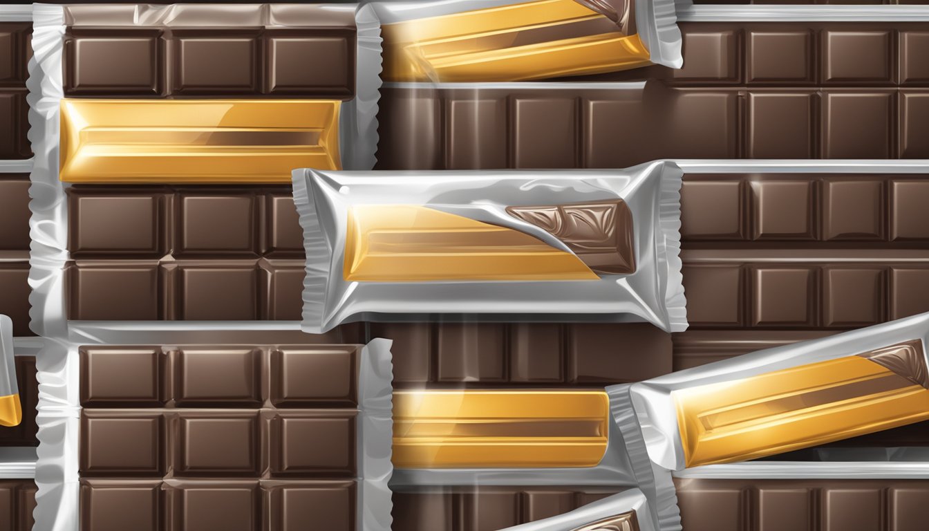 A dark chocolate bar stored in a cool, dry pantry, wrapped in foil and placed inside an airtight container