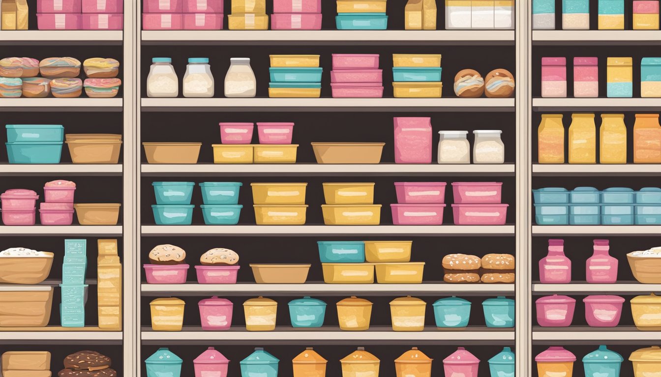 A neatly organized pantry shelf with a variety of donut boxes and containers, each labeled with expiration dates