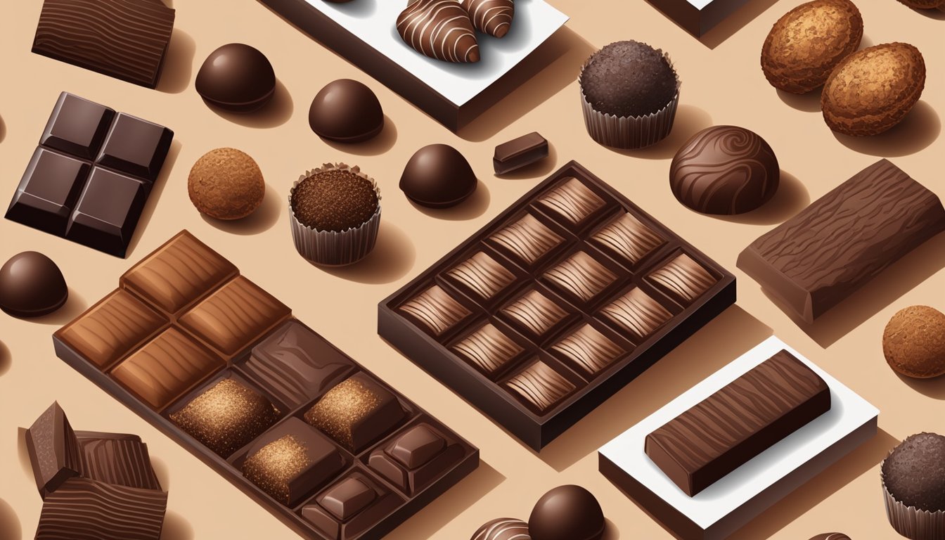 A collection of assorted chocolate products arranged on a wooden table, including dark chocolate bars, truffles, and cocoa powder in decorative packaging