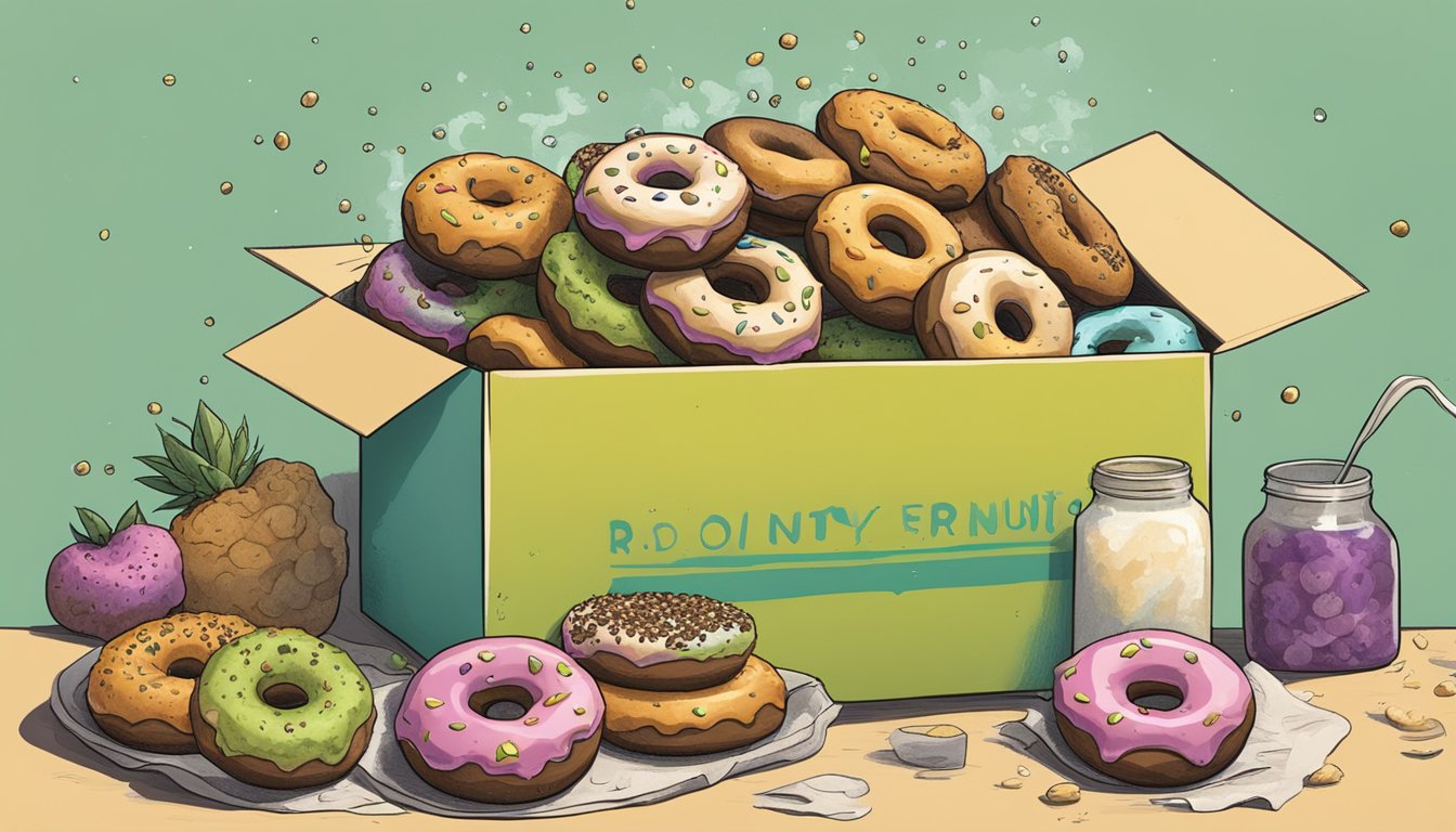 A box of moldy, stale donuts sits on a kitchen counter, surrounded by fruit flies and emitting a foul odor