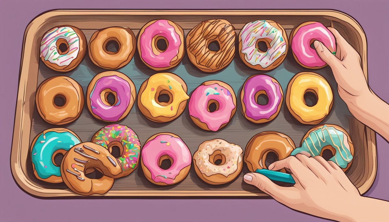 A hand reaches for a tray of assorted filled donuts. Some donuts have oozing fillings while others are neatly glazed