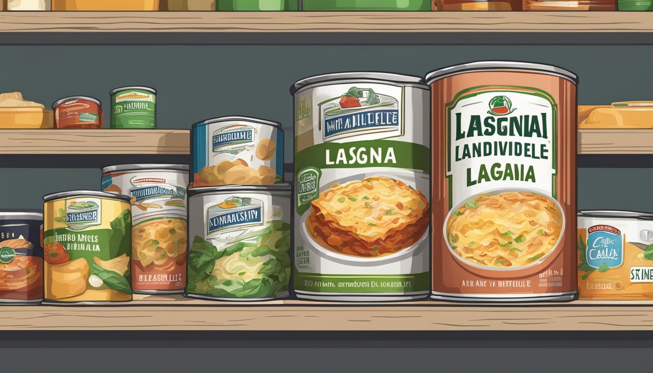 A can of lasagna sits on a shelf, surrounded by other canned goods. The expiration date is clearly marked on the label