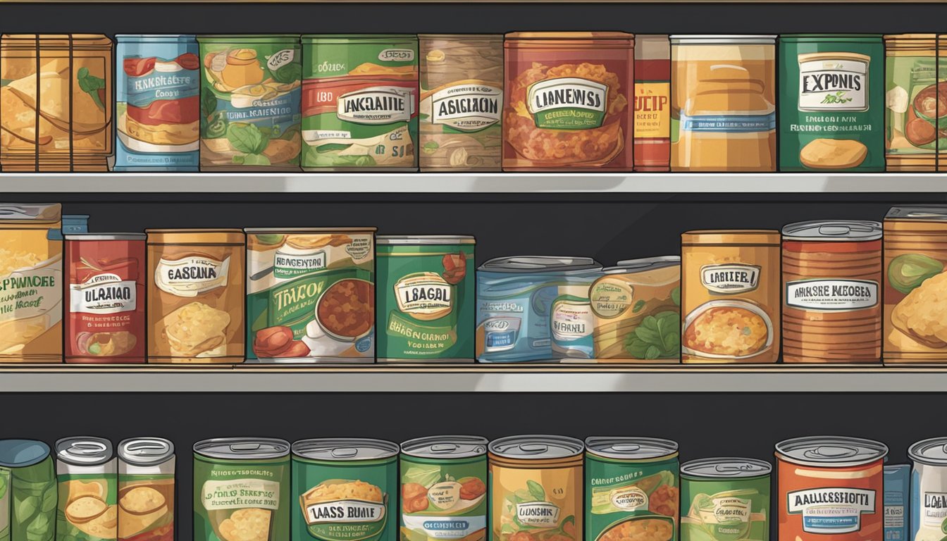 A can of lasagna sits on a shelf, surrounded by other canned goods. The expiration date is clearly visible on the label