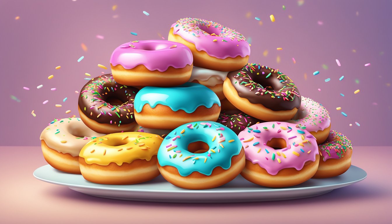 A colorful assortment of donuts arranged on a platter, with sprinkles and glaze glistening under soft lighting