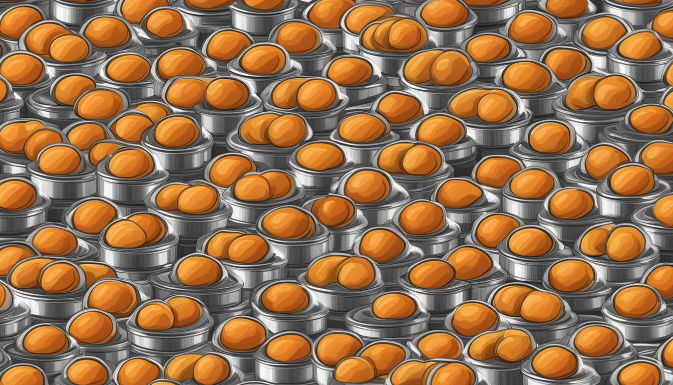 A pantry shelf with neatly organized rows of canned apricots, some with expiration dates visible