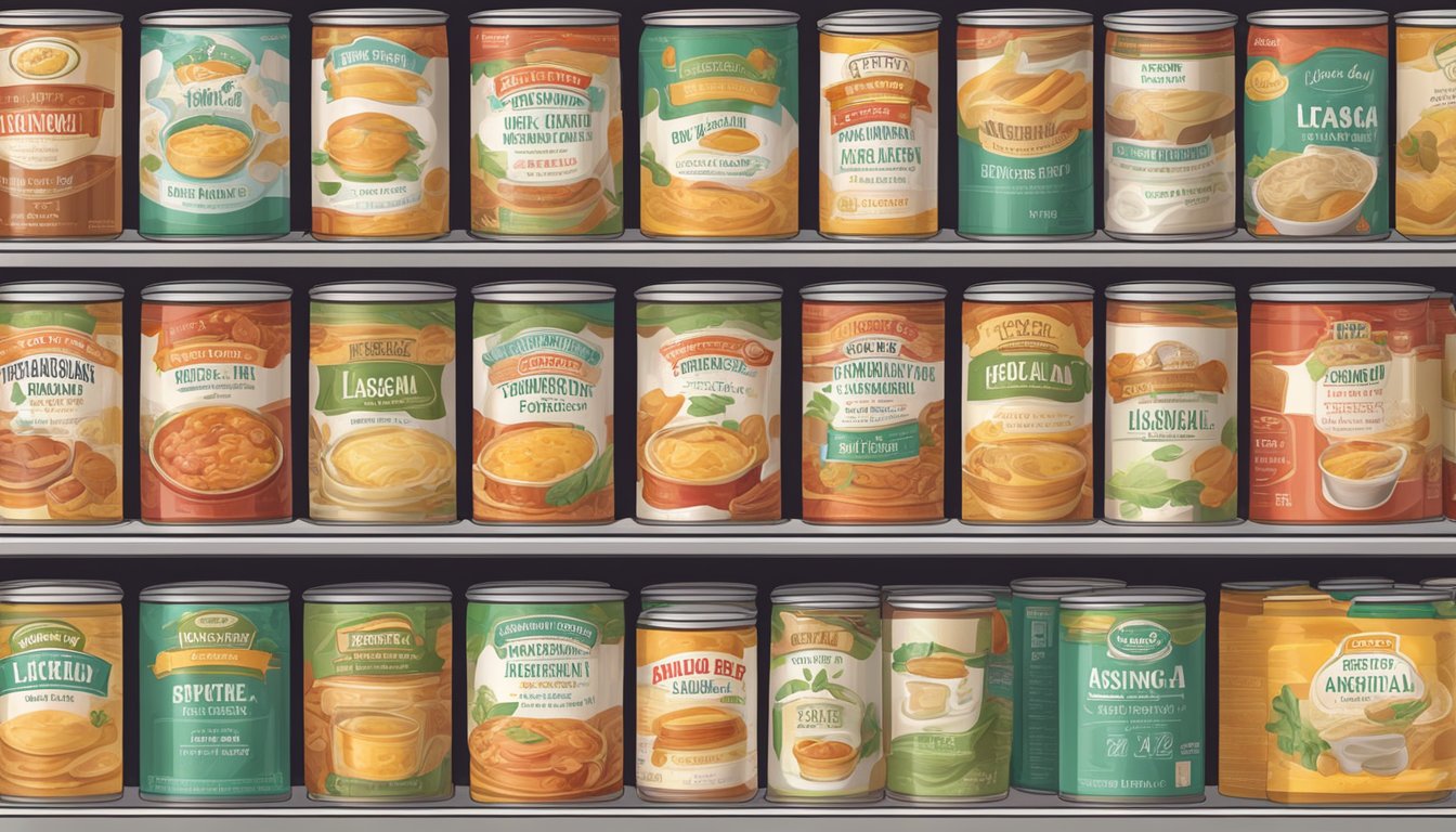 A pantry shelf with canned lasagna surrounded by expiration date labels