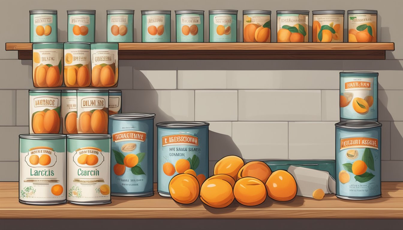 A pantry shelf with a row of canned apricots, some slightly dented, and a stack of recipe books nearby