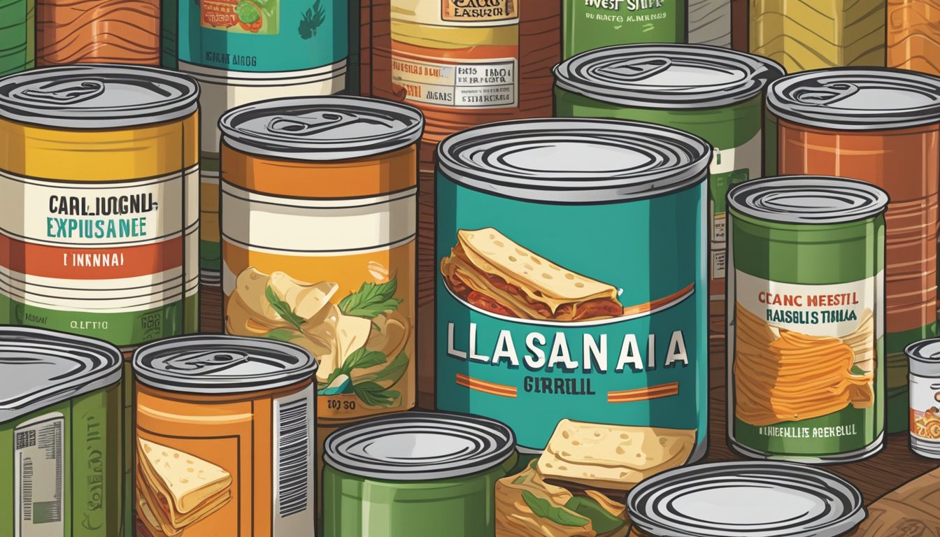 A can of lasagna sits on a shelf, surrounded by other canned goods. The label shows the expiration date