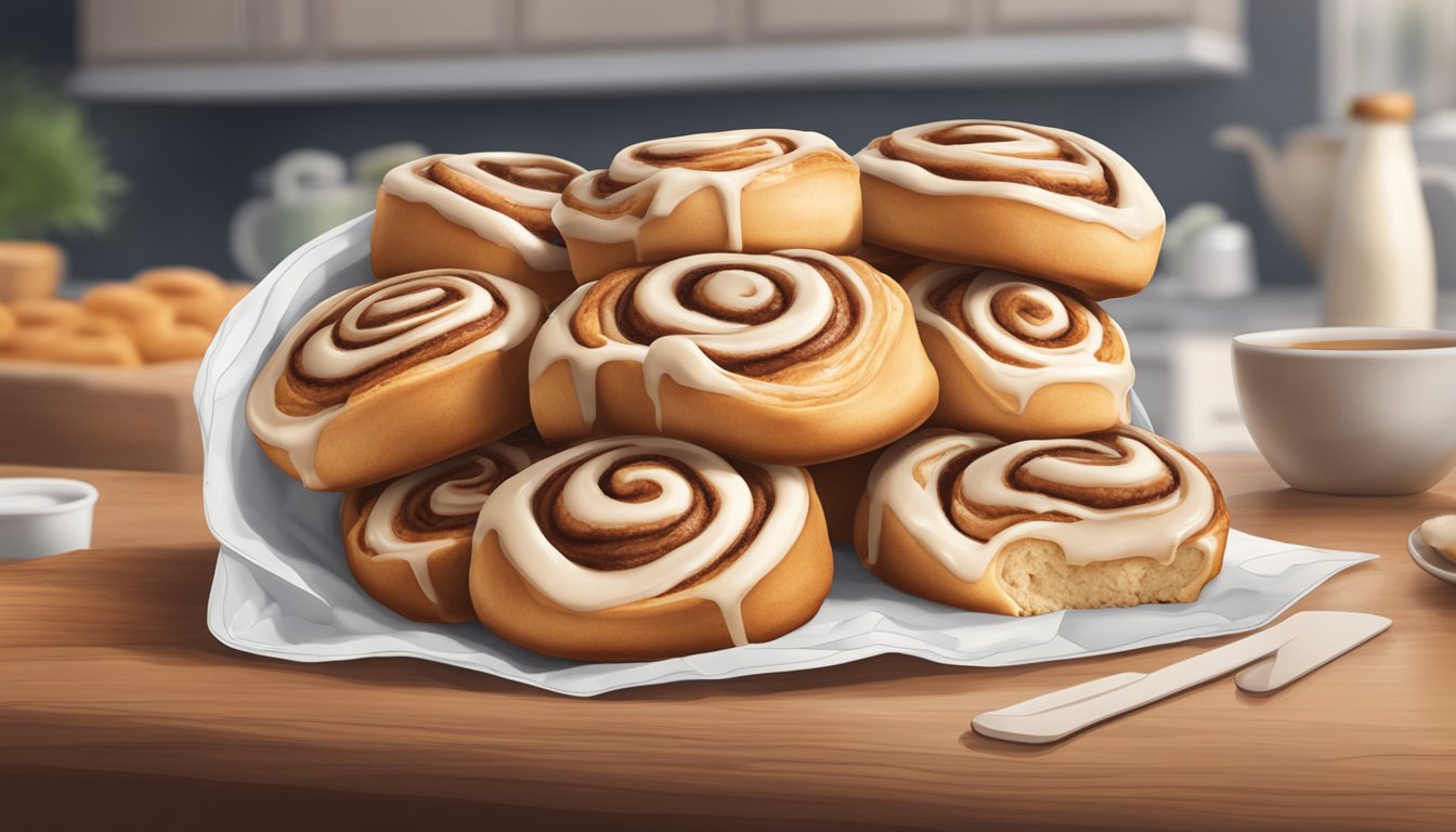 A pack of cinnamon rolls sits on a kitchen counter, unopened and untouched. The expiration date on the packaging is clearly visible