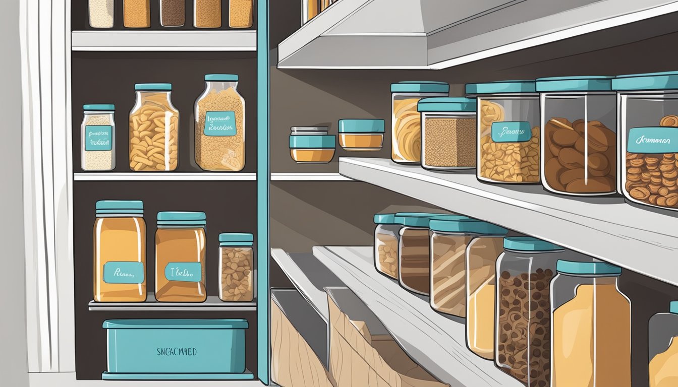 A neatly organized pantry with shelves of sealed containers, including a labeled jar of cinnamon rolls