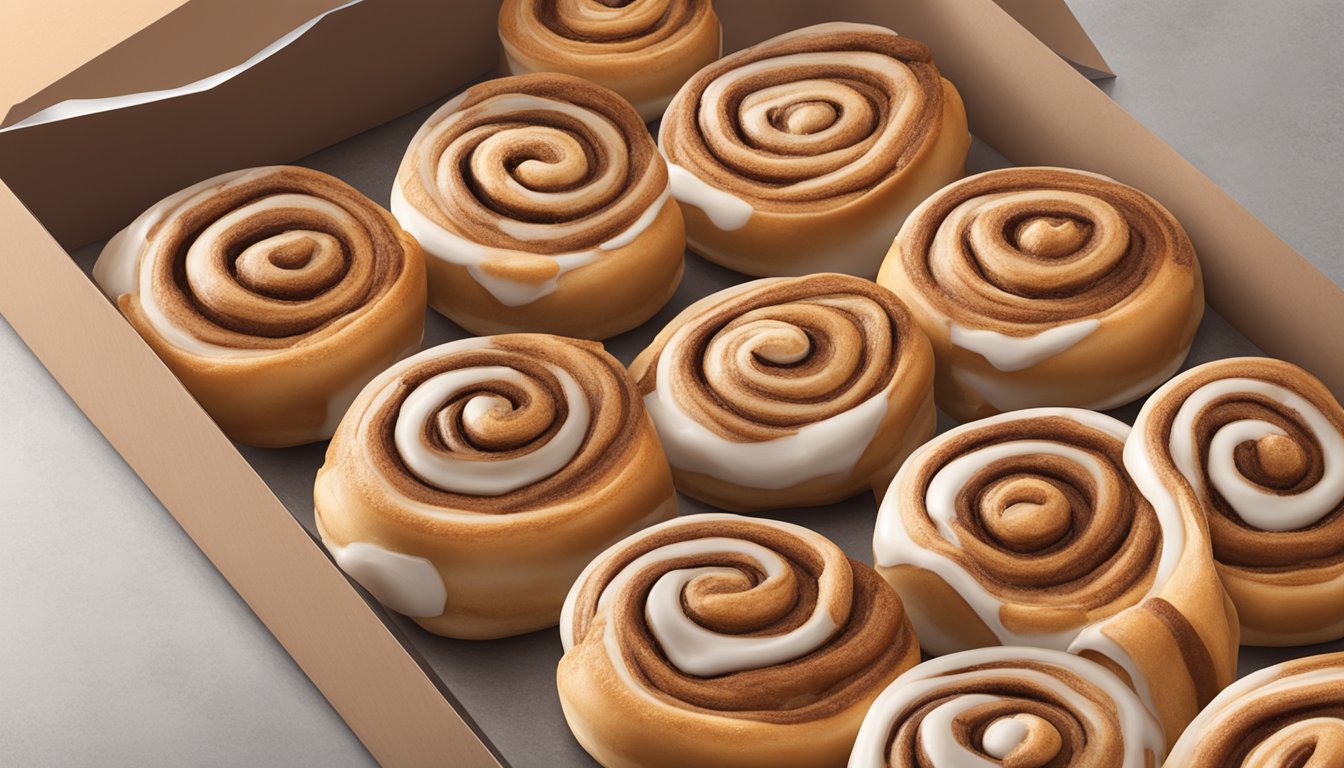 A batch of cinnamon rolls sits on a countertop, wrapped in plastic. A "best by" date is visible on the packaging