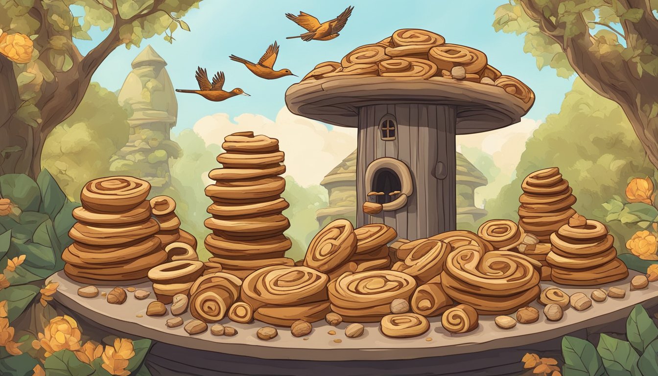 A pile of stale cinnamon rolls arranged in a whimsical tower, with a few rolls repurposed as bird feeders and others used as decorative potpourri