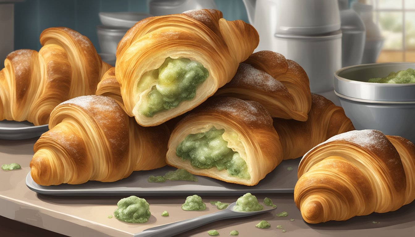 A pile of moldy croissants on a kitchen counter. Some are discolored and emitting a foul smell