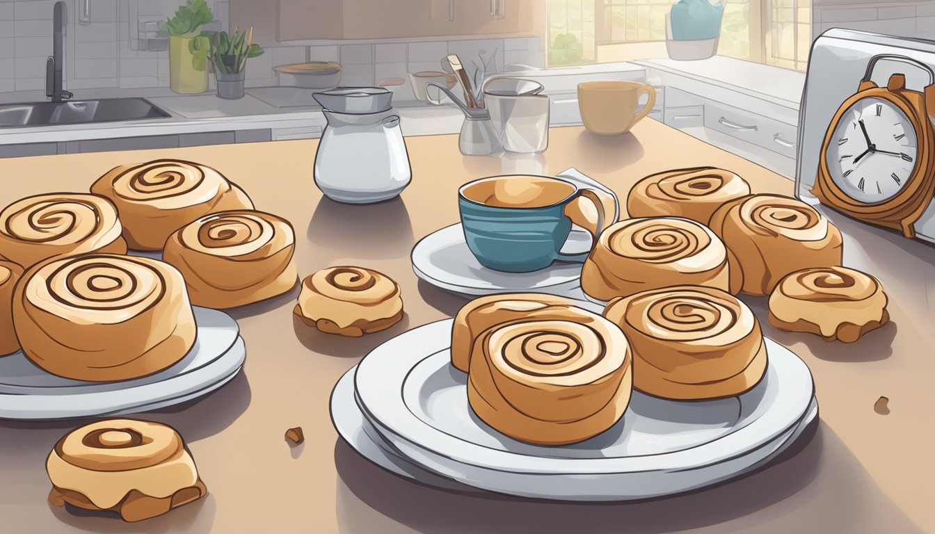 A plate of cinnamon rolls with icing, sitting on a kitchen counter, surrounded by a calendar and a clock, with question marks floating above