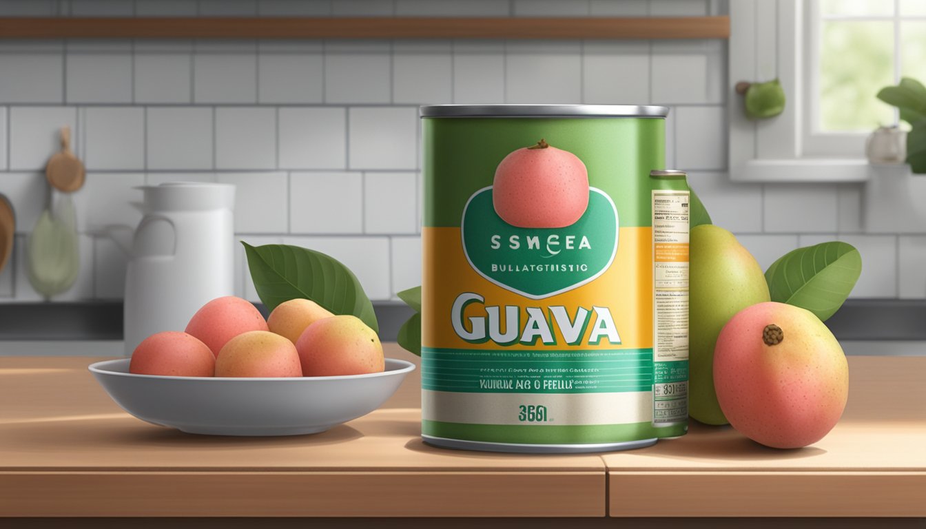 A can of guava sits on a kitchen counter, with visible signs of spoilage such as bulging and rust