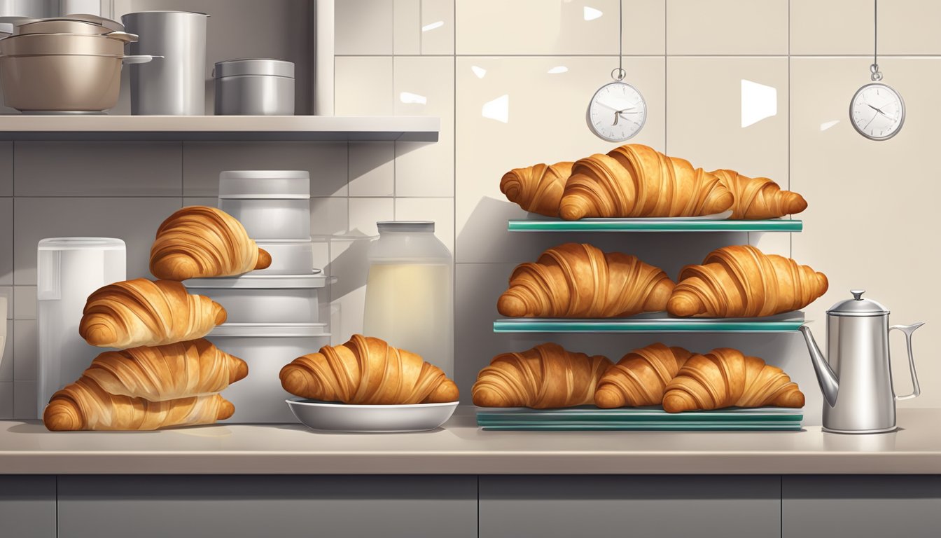 A stack of croissants on a kitchen shelf, some wrapped in plastic, others exposed to air. A calendar on the wall with a date circled