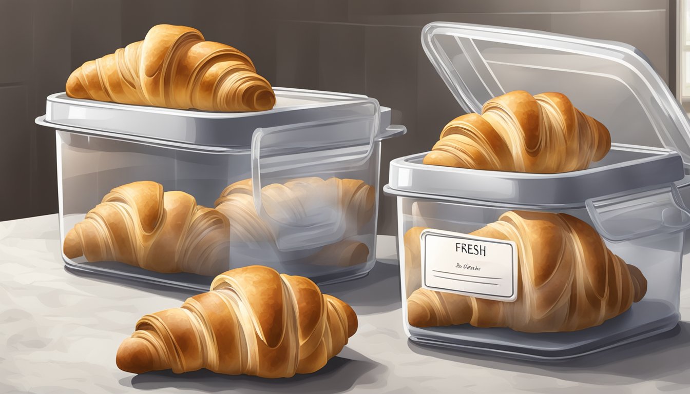 Fresh croissants stored in airtight container on a kitchen counter, with a label indicating the date they were baked