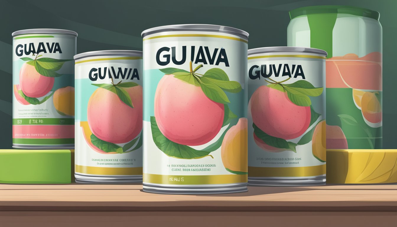 A can of guava sits on a shelf, its label slightly worn. The fruit inside appears ripe and juicy, ready to be enjoyed