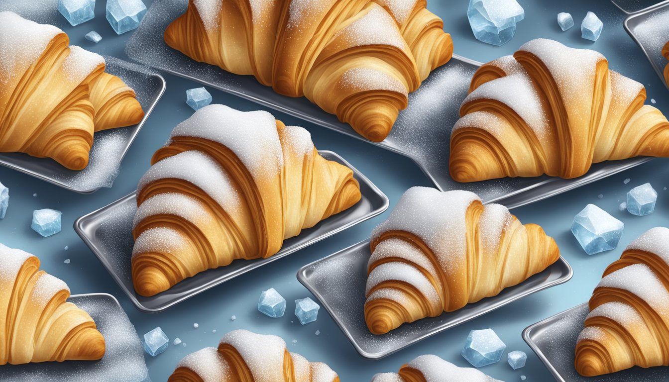 A stack of frozen croissants on a metal tray, surrounded by frost and ice crystals