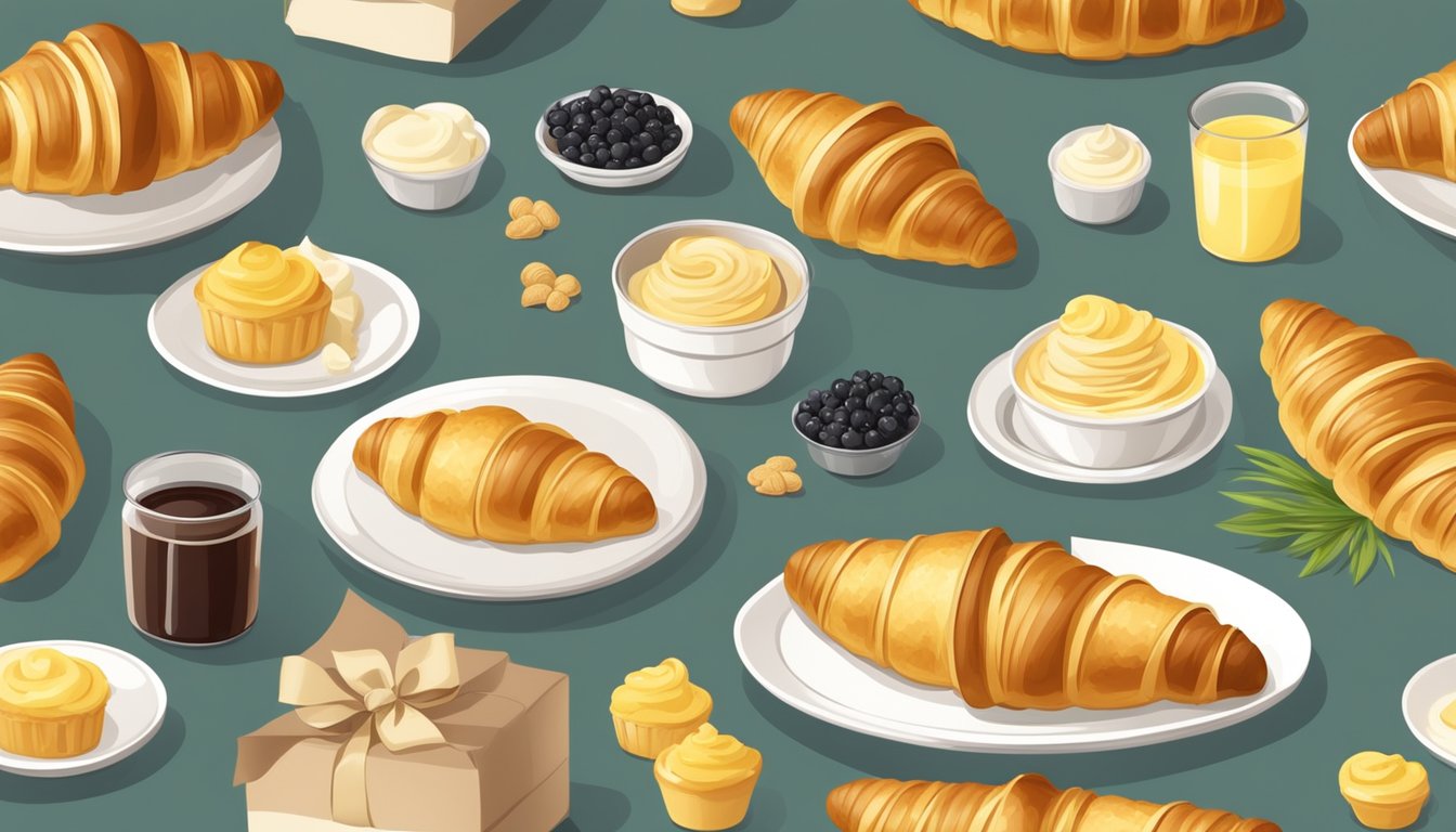 A bakery display with rows of golden croissants, some wrapped in paper, others on a tray, surrounded by fresh ingredients like butter and flour