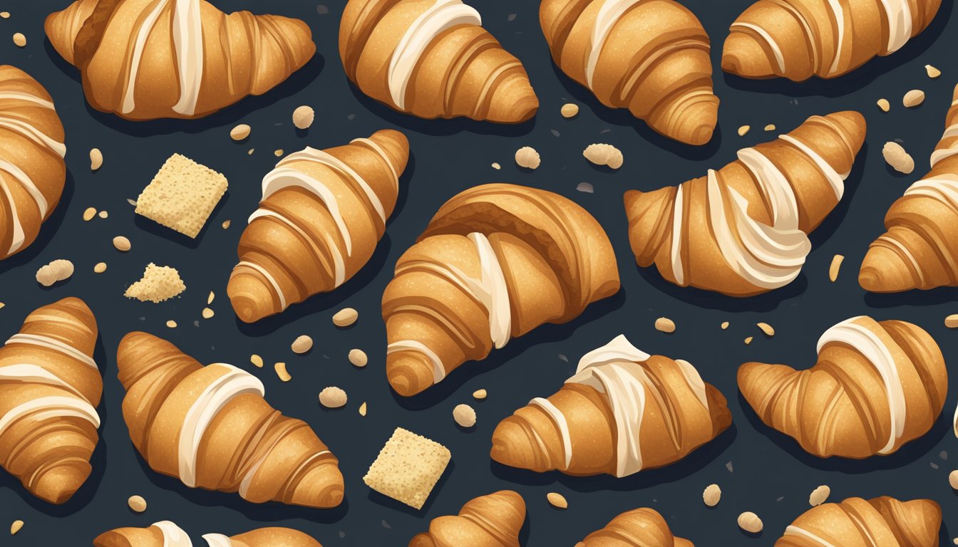 A pile of croissants on a wooden cutting board, one with a bite taken out, surrounded by scattered crumbs