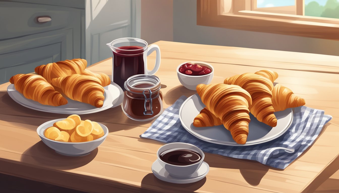 A sunny kitchen with a plate of fresh croissants, a jar of jam, and a steaming cup of coffee on a wooden table