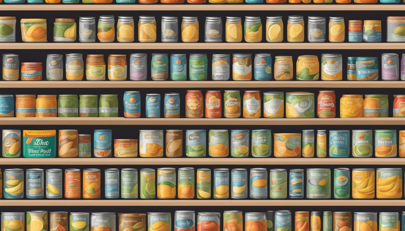 A pantry shelf with neatly organized rows of canned goods, including a can of mango slices, with expiration dates clearly visible on each label