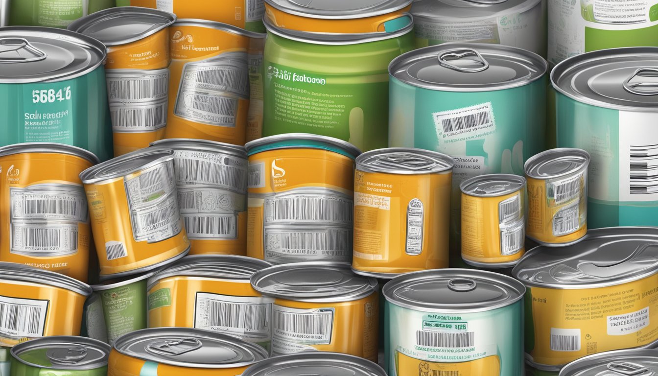 A can of bean soup with a clear expiration date label and a bulging or dented can as spoilage indicators