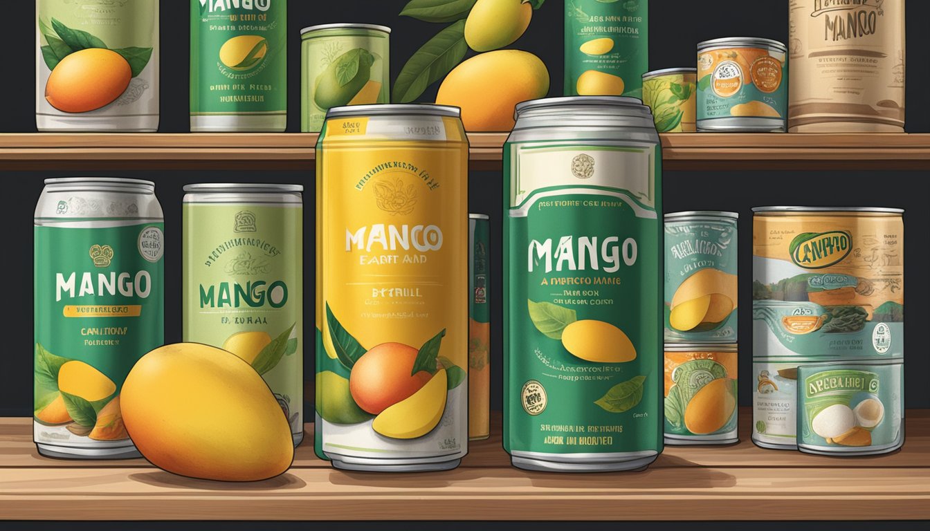 A can of mango sits on a shelf, surrounded by various other canned goods. The expiration date is clearly visible on the label