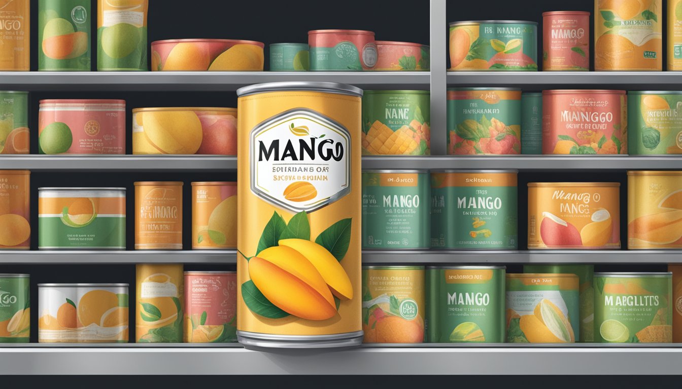 A can of mango sits on a shelf, surrounded by other canned goods. The expiration date is visible on the label, indicating its shelf life