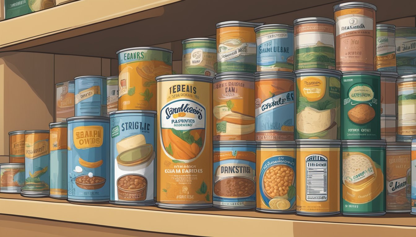 A can of bean soup sits on a shelf, surrounded by other canned goods. The expiration date is clearly visible on the label