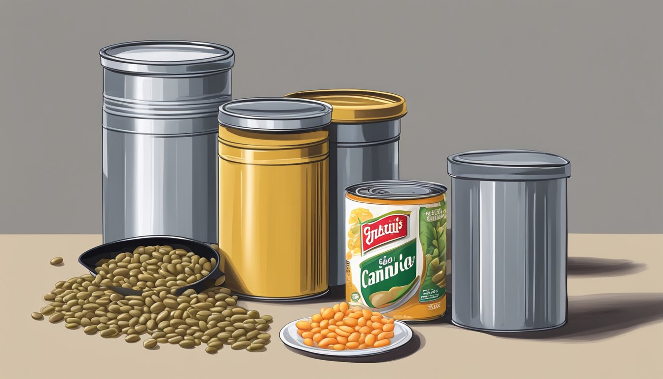 A pantry shelf with expired canned bean soup next to a trash bin