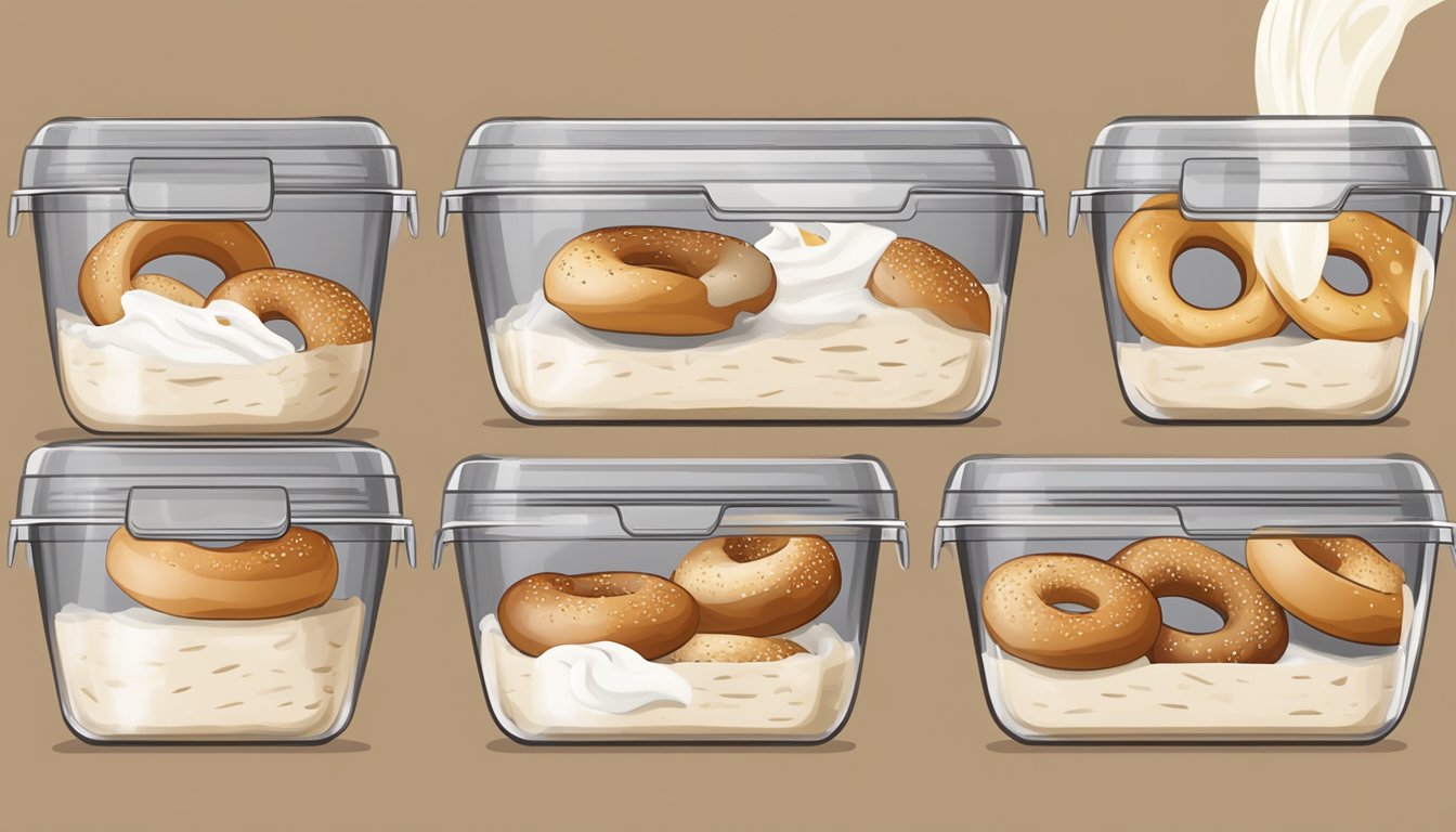 Fresh bagels stored in airtight containers with labels and dates. A few bagels are sliced and spread with cream cheese