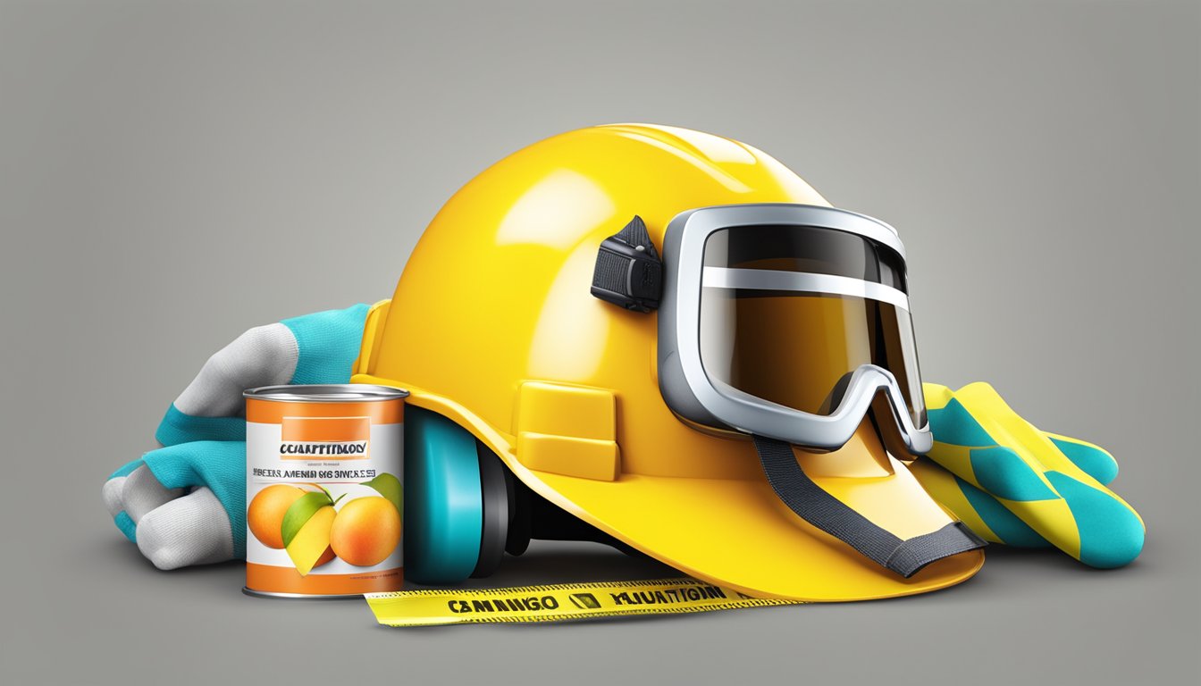 A can of mango surrounded by a safety helmet, gloves, and caution tape