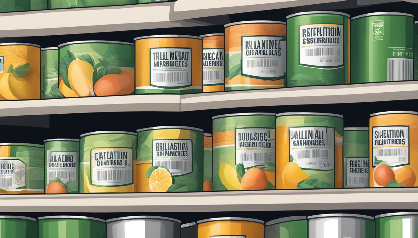 A can of mango sits on a shelf, surrounded by other canned goods. The expiration date is visible on the label