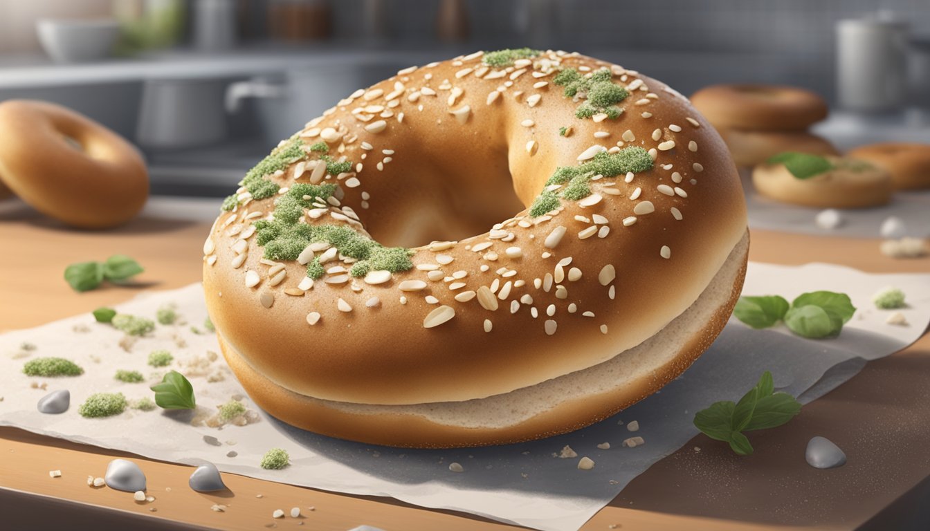 A bagel sits on a kitchen counter, surrounded by crumbs. It appears slightly stale, with a few small spots of mold