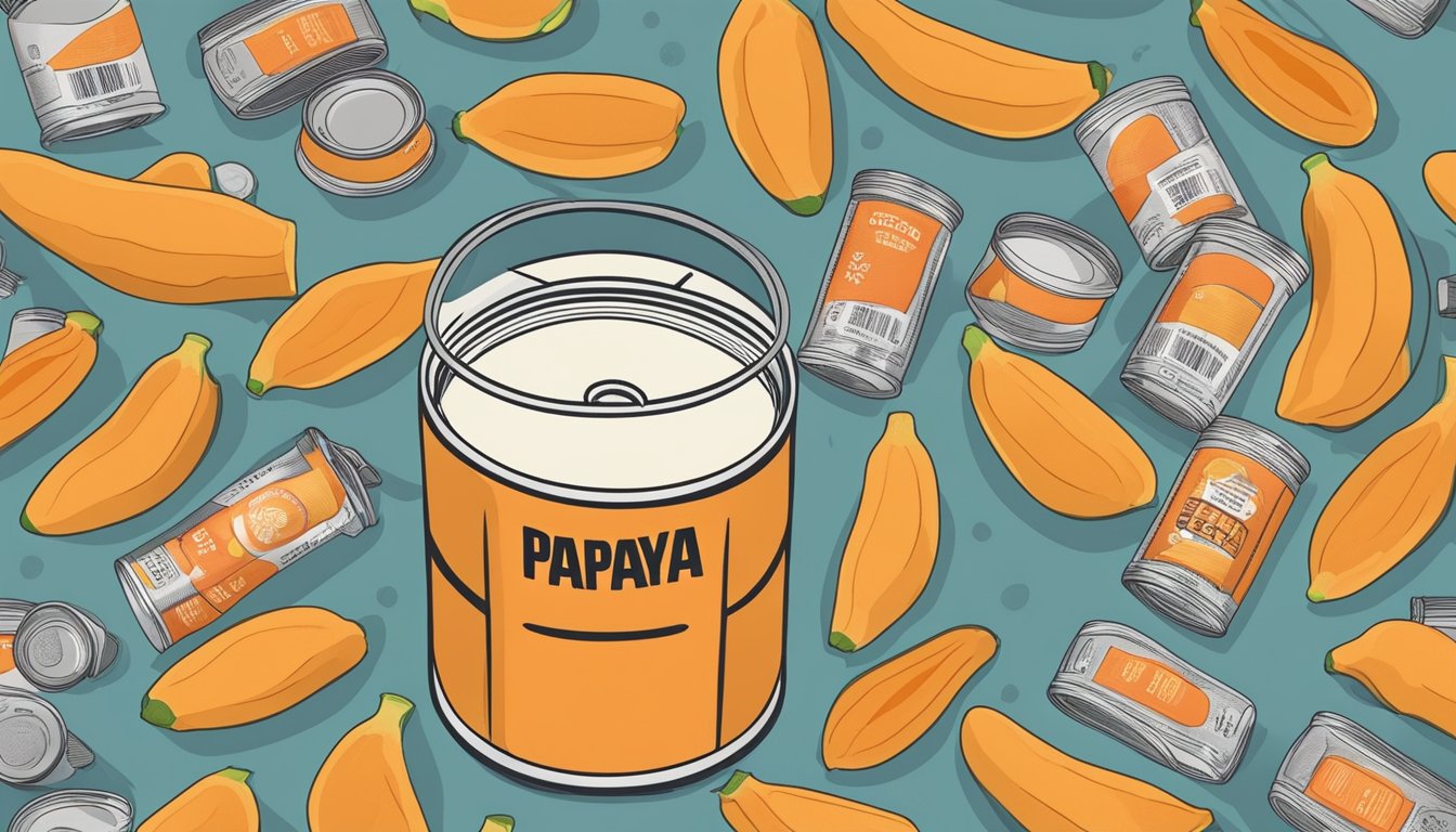 An open can of papaya with a faded expiration date, surrounded by other expired canned goods