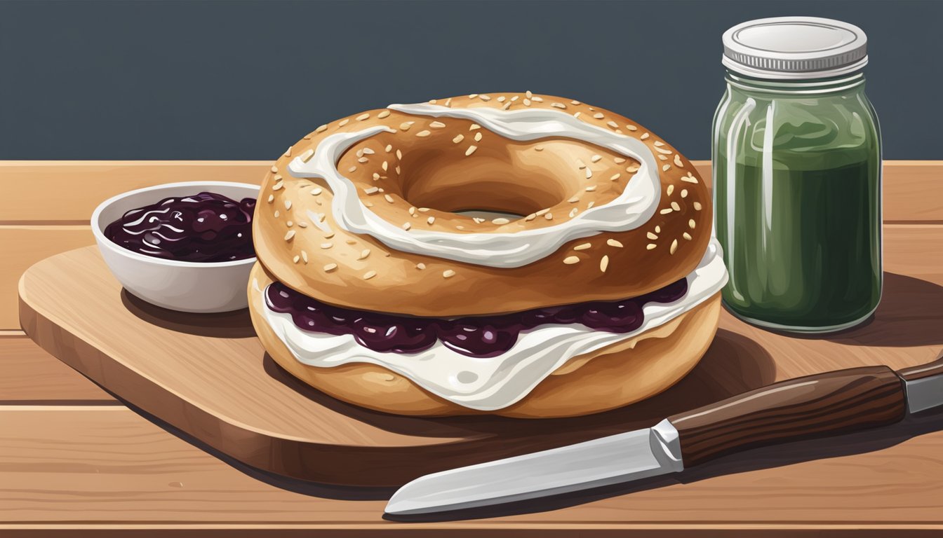 A bagel sits on a wooden cutting board, surrounded by a spread of cream cheese and a jar of jam. A knife is poised to slice it in half