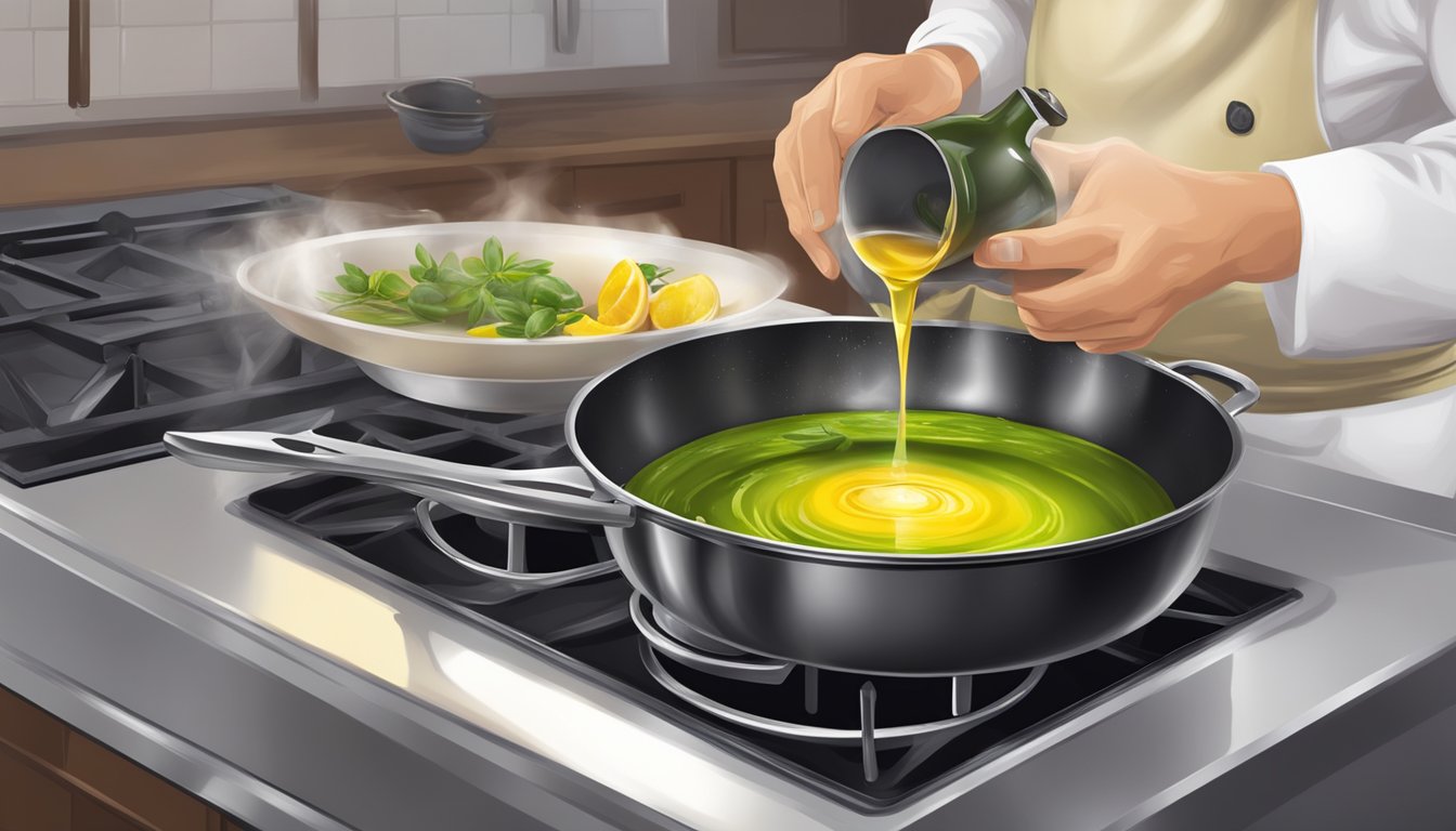 A chef pours olive oil into a sizzling pan, adding flavor to the dish