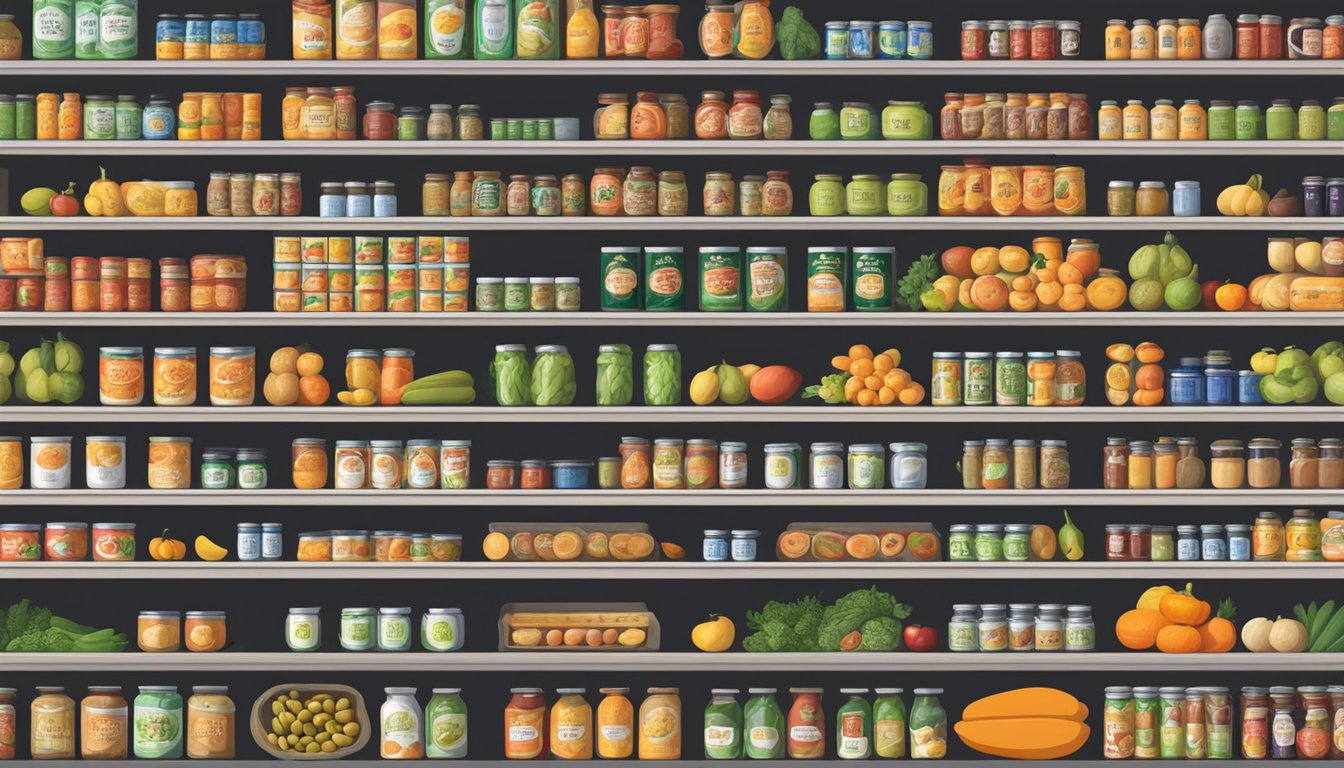 A pantry shelf with rows of canned papaya, some with expiration dates, surrounded by other canned fruits and vegetables