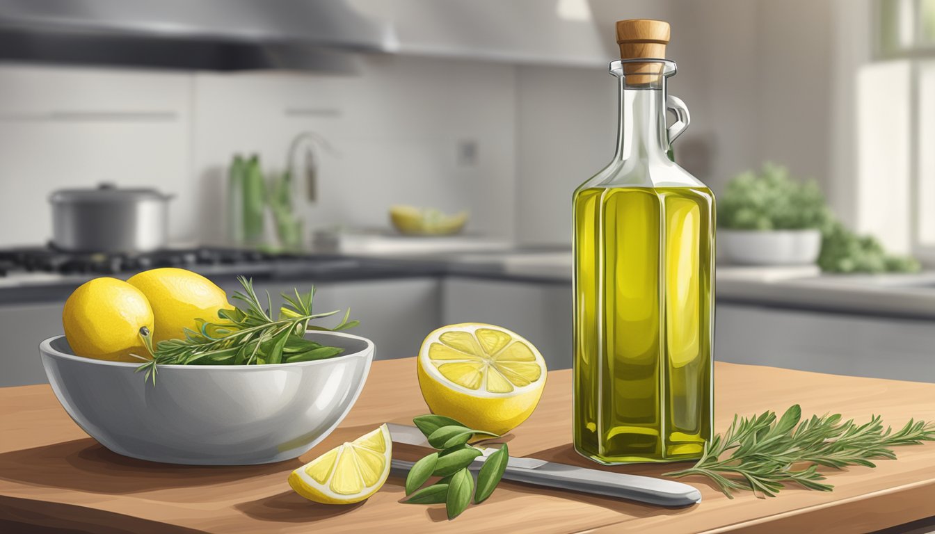 A glass bottle of olive oil sits on a kitchen counter next to a bowl of fresh herbs and a cutting board with a lemon sliced in half