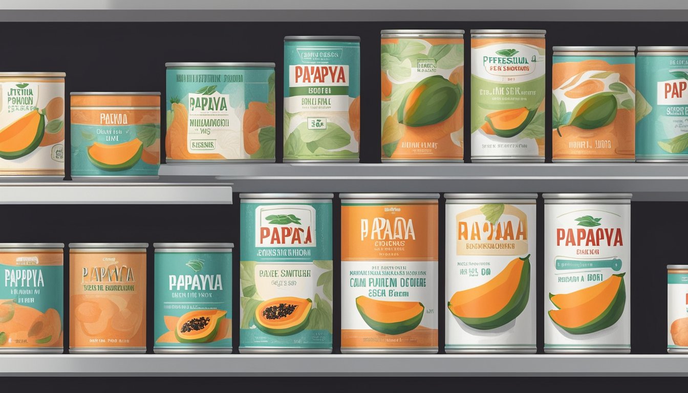 A can of papaya sits on a shelf, surrounded by other canned goods. The expiration date on the label is clearly visible