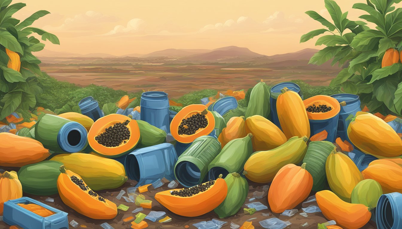 Ripe papayas in a landfill, surrounded by plastic waste and discarded cans