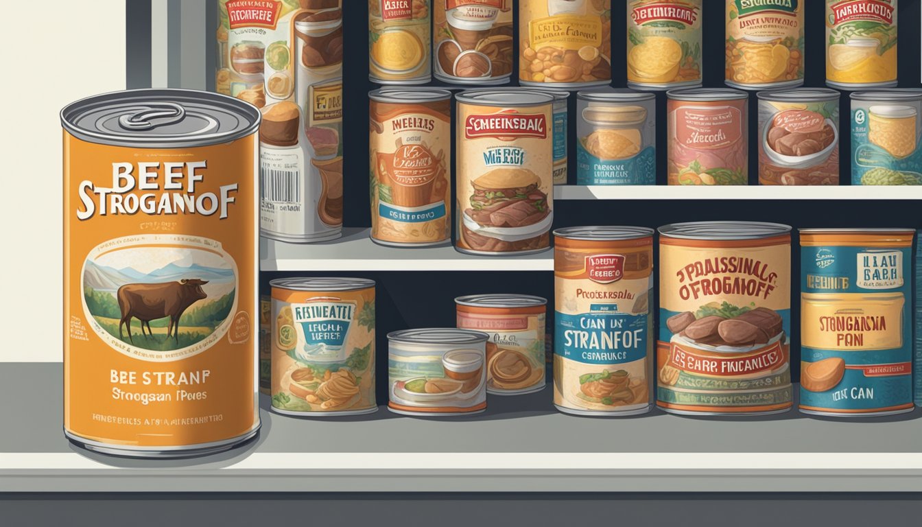 A can of beef stroganoff sits on a shelf, surrounded by other canned goods. The label is slightly worn, but the can appears intact