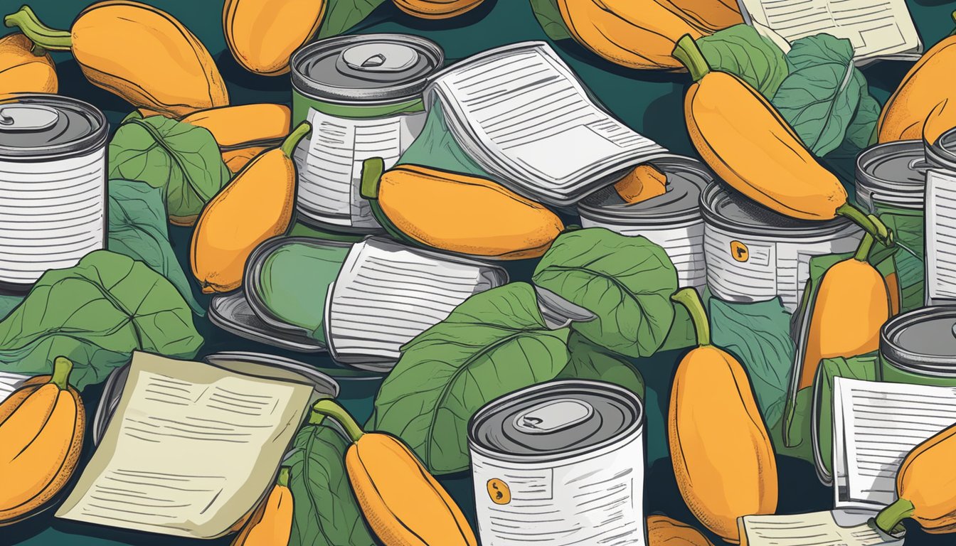 A pile of expired canned papayas surrounded by regulatory standards and guidelines documents