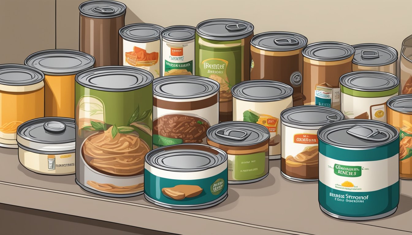 A pantry shelf with canned beef stroganoff surrounded by other non-perishable items