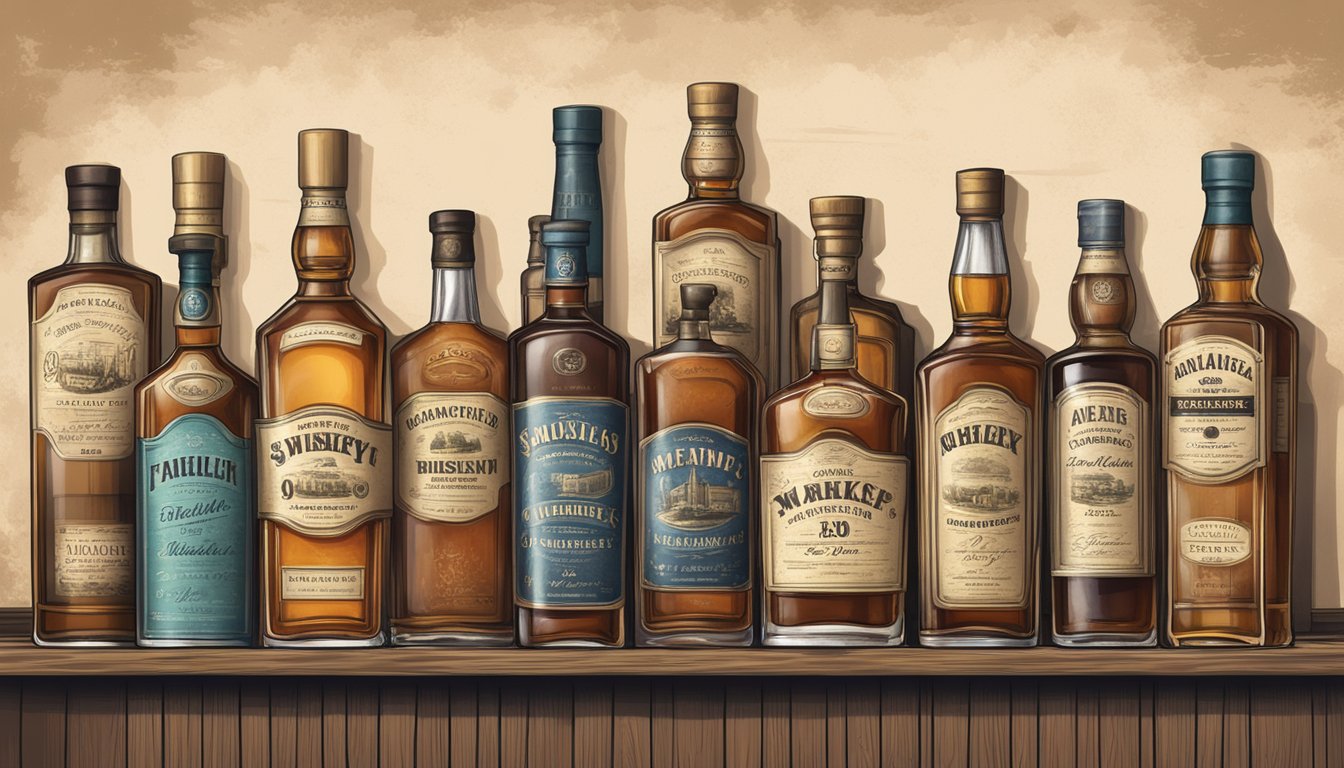 A collection of aged whiskey bottles displayed on a shelf, with a vintage label and dust gathering around the bottles