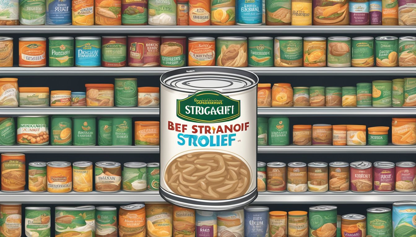 A can of beef stroganoff sits on a shelf, surrounded by other canned goods. The label is clean and intact, with no signs of damage or spoilage