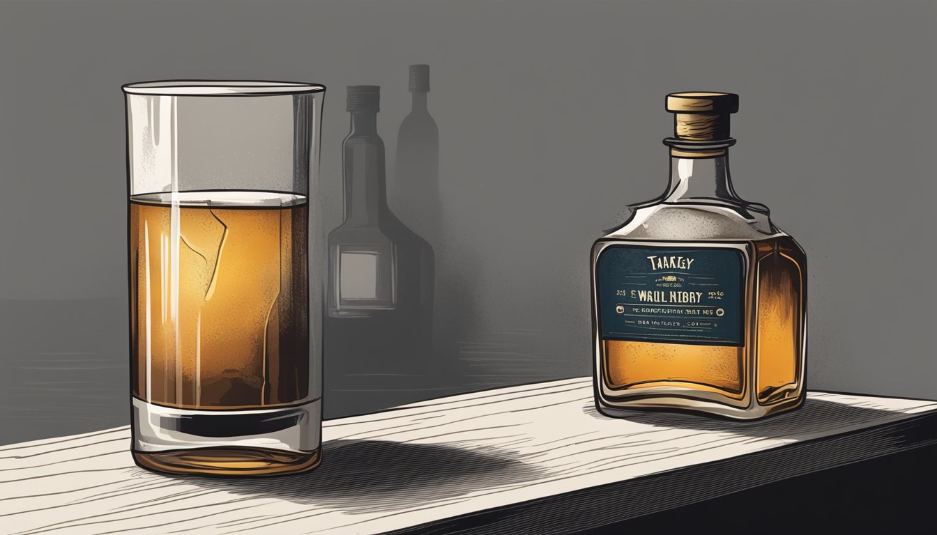 A half-empty bottle of whiskey sits on a dusty shelf, its label peeling and the liquid inside dark and murky. A foul odor emanates from the bottle, indicating that it has gone bad